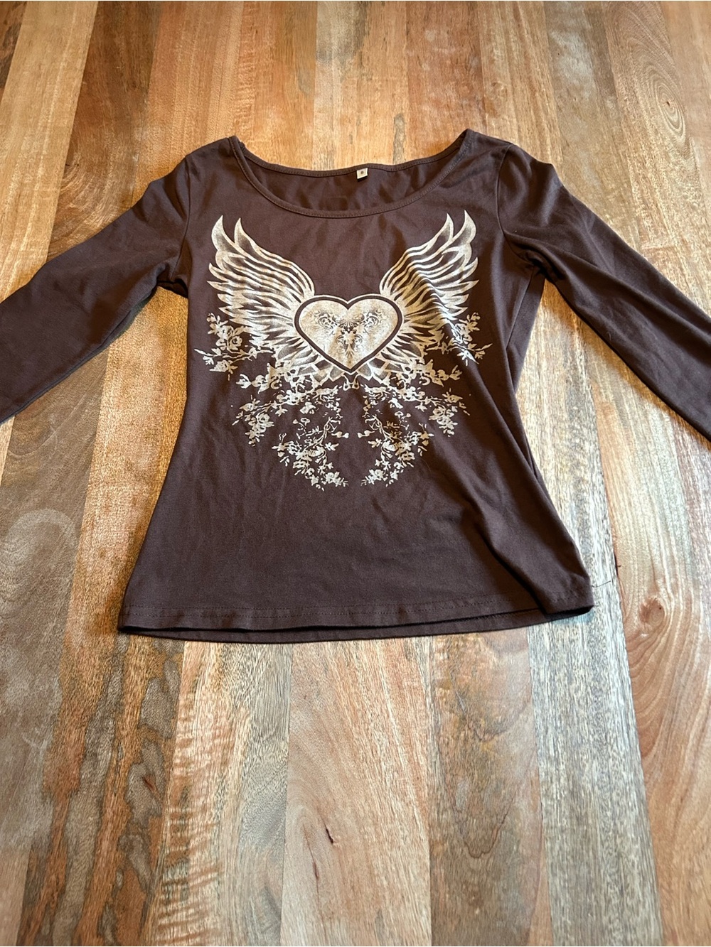 Brown Women's Long-Sleeve Graphic Top with Winged Heart